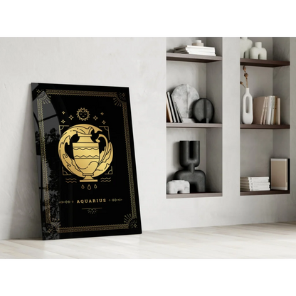 Gold Aquarius zodiac glass wall art poster in black and gold
