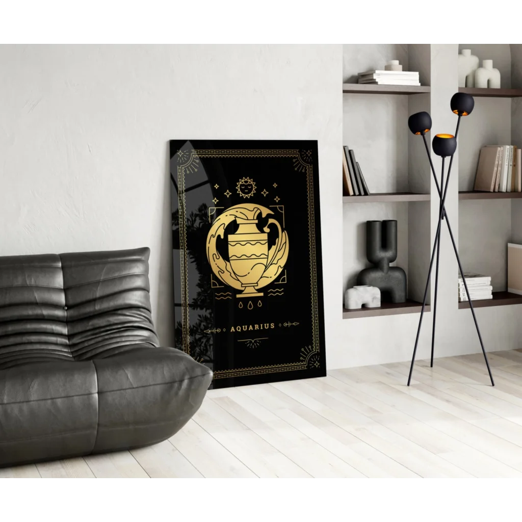 Black and gold Aquarius zodiac glass wall art in book-like design