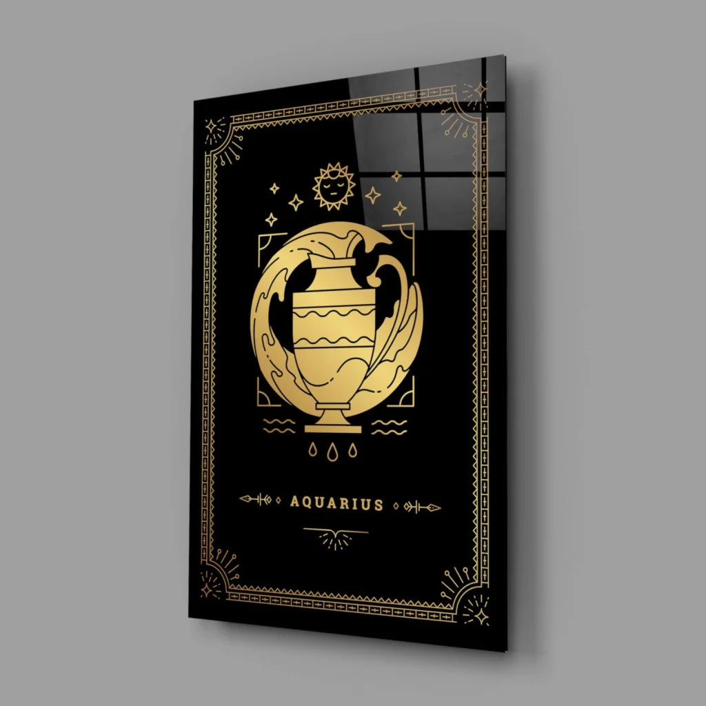 Gold Aquarius zodiac glass wall art plaque with black background