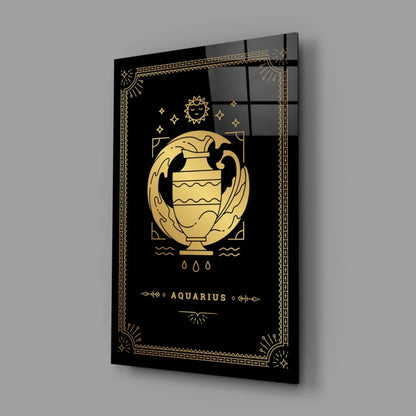 Gold Aquarius zodiac glass wall art plaque with black background