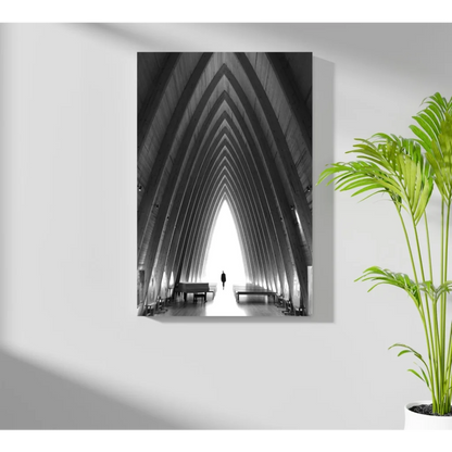 Black-and-white arched corridor with dramatic perspective and piano