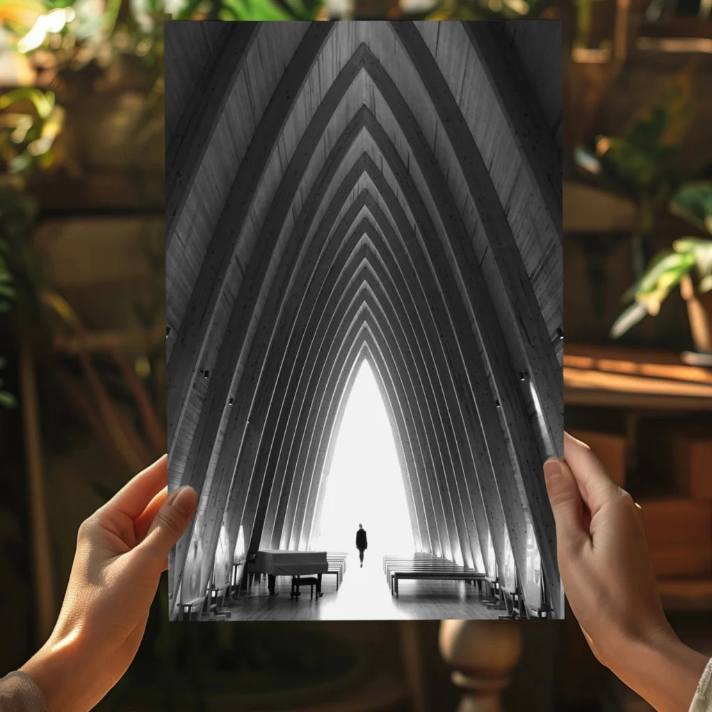 Black and white photo of person in arched corridor with piano and benches