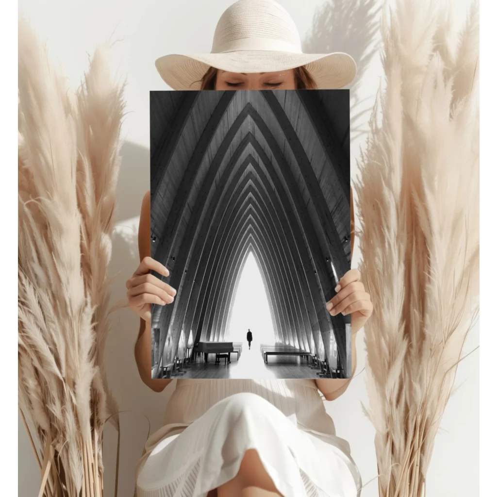 Black and white arched corridor aluminum print with dramatic perspective