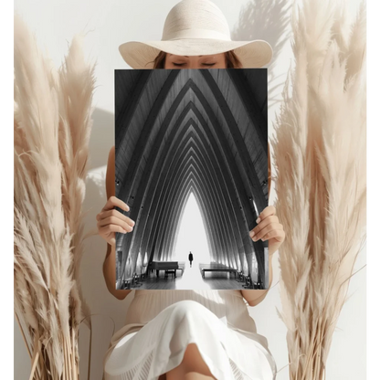 Black and white arched corridor aluminum print with dramatic perspective