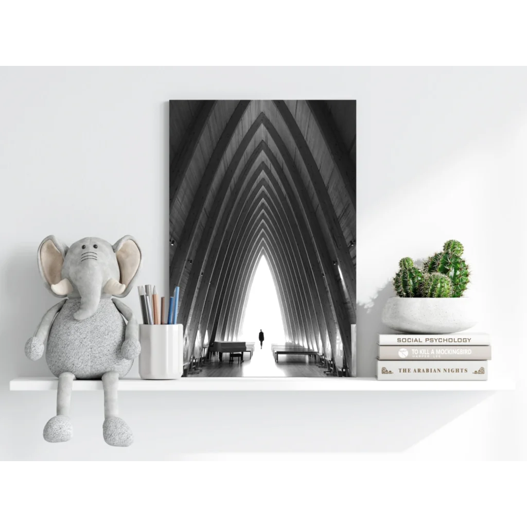 Black and white arched corridor print with dramatic perspective