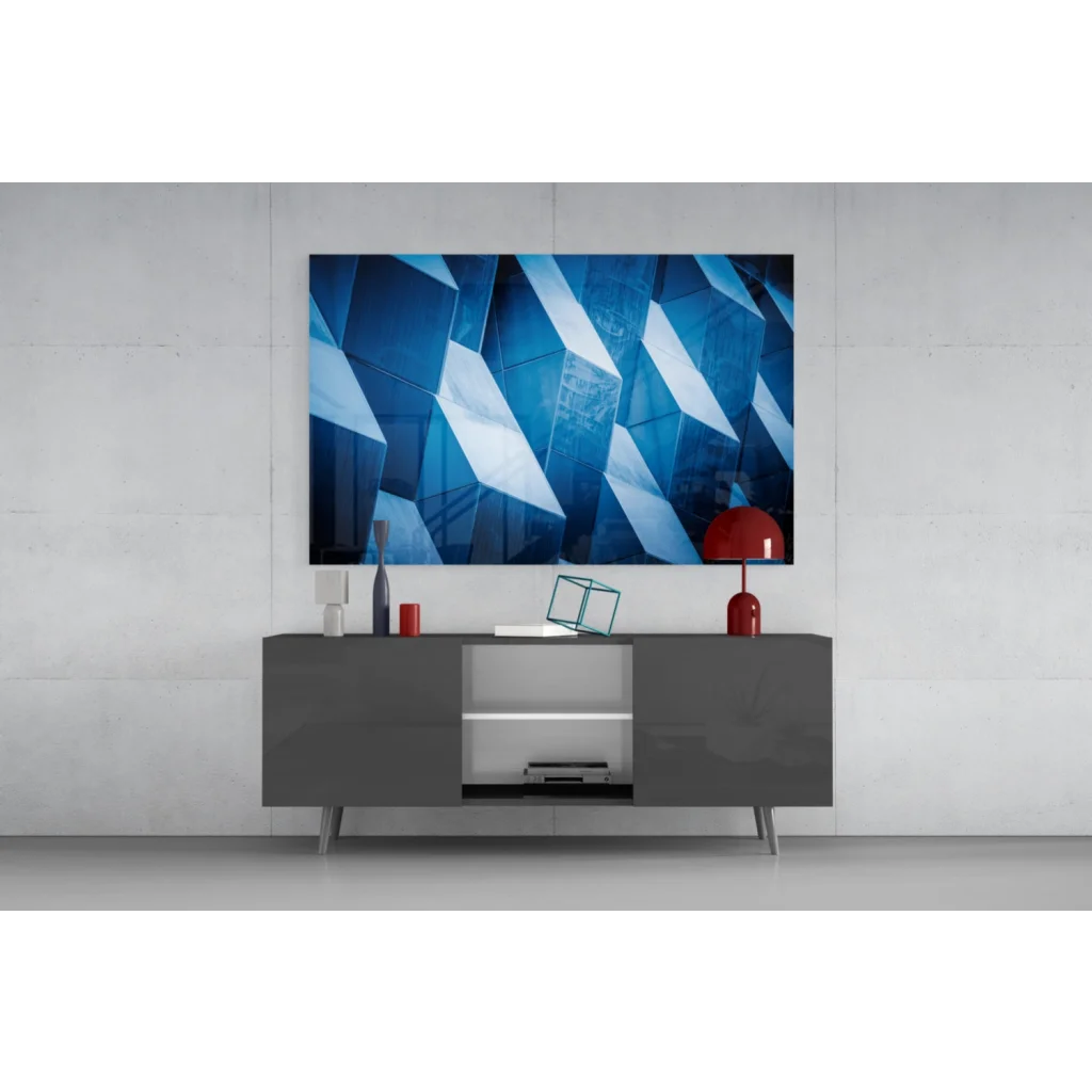 Stunning blue geometric glass wall art hanging on modern wall
