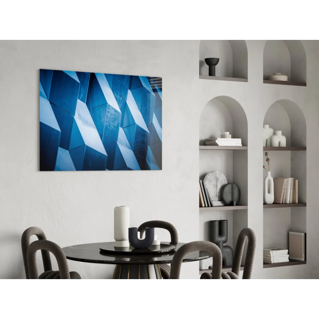 Stunning blue geometric glass wall art print on wall