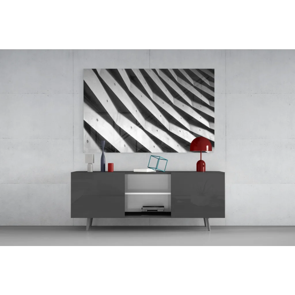 Bold black-and-white geometric wall art with diagonal stripes
