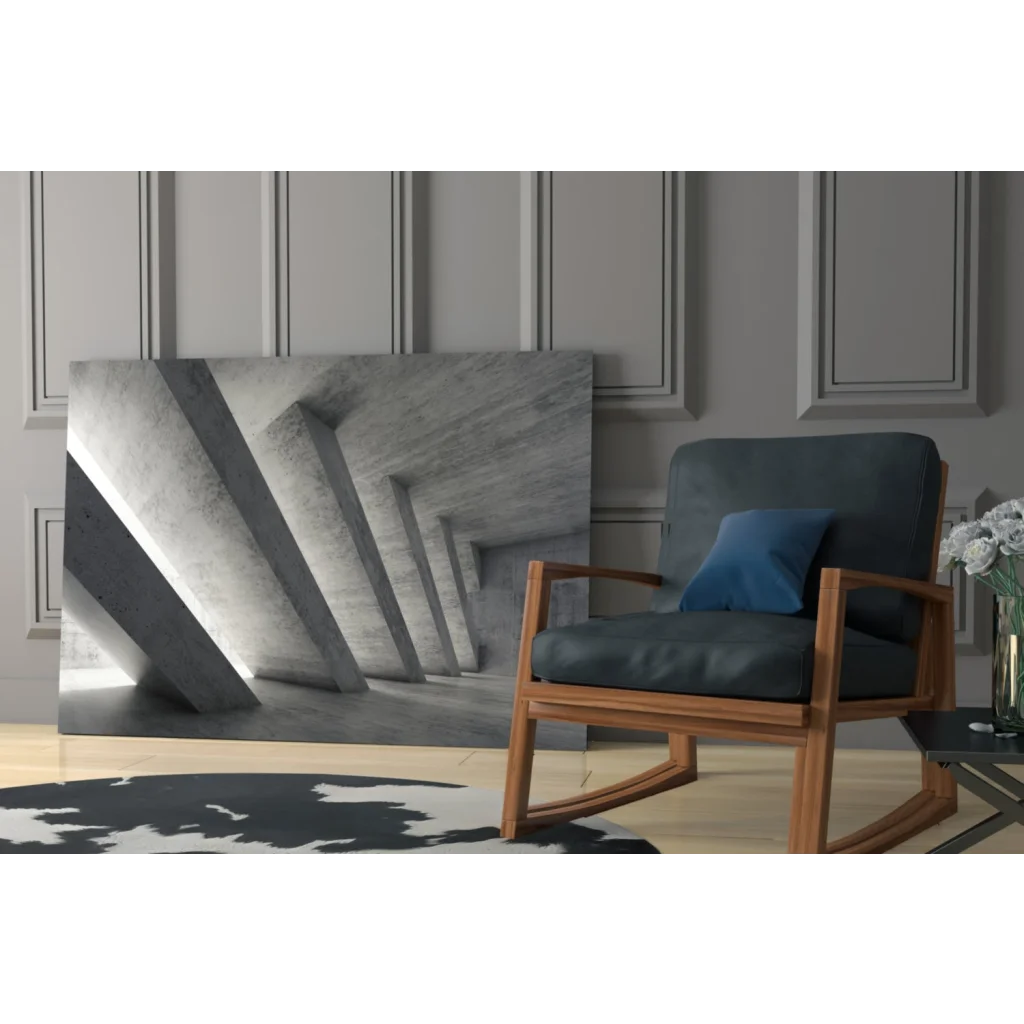 Dark blue rocking chair with wooden frame in modern concrete wall art scene