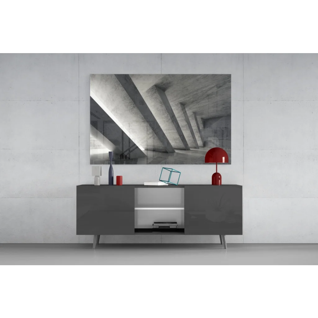 Vibrant red dome lamp on modern concrete architecture wall art print