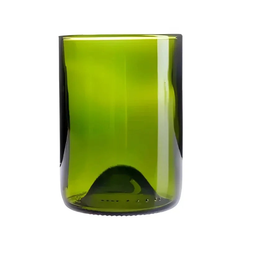 Green Arcoroc 12oz wine tumbler made from a recycled wine bottle for eco-friendly sipping