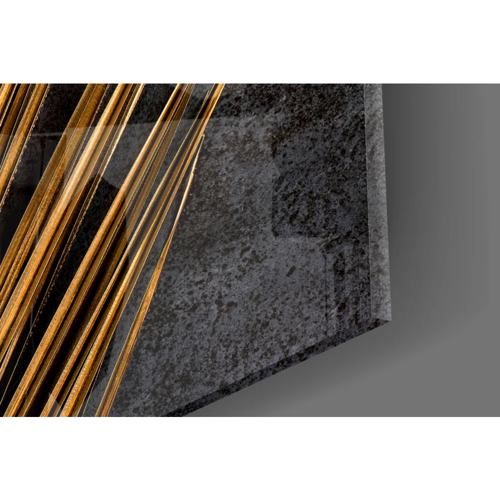 Golden metallic rods on dark granite for stunning gold palm leaf glass wall art