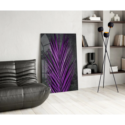 Vibrant purple palm glass wall art panel on dark gray canvas