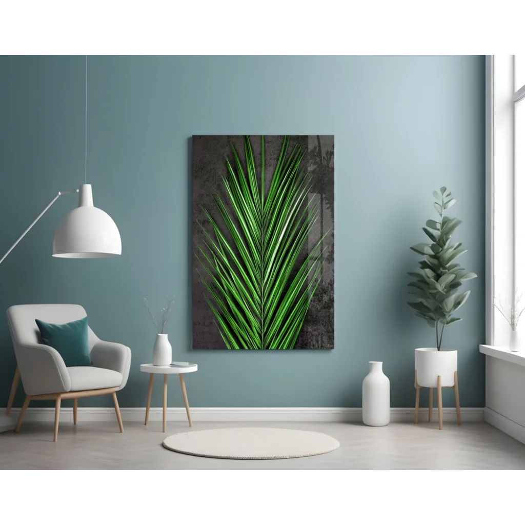 Tropical Palm Leaf Glass Wall Art on Dark Gray Canvas | Contemporary Home Wall Art | vintageantiquesgifts.com