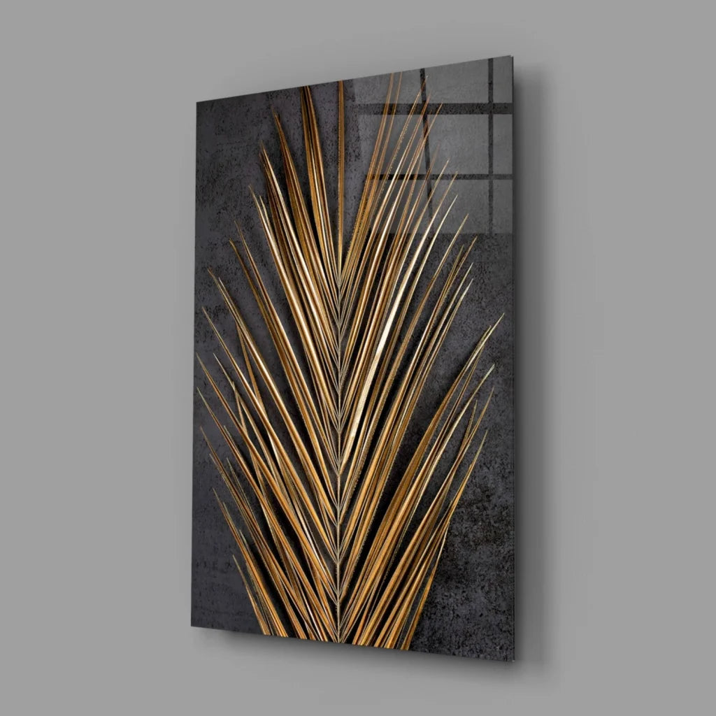 Stunning Gold Palm Leaf Glass Wall Art with Dark Texture | Glass Wall Art Print | vintageantiquesgifts.com
