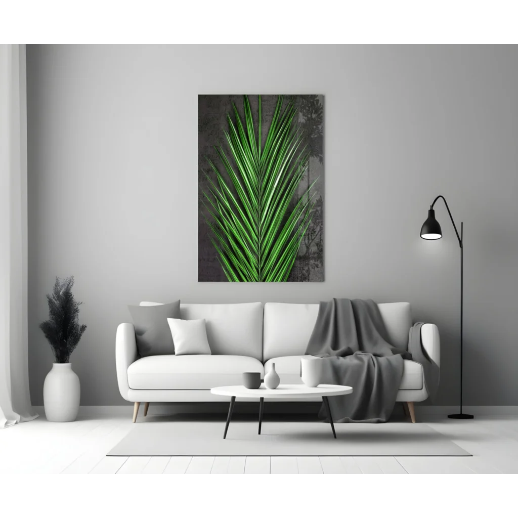 Tropical Palm Leaf Glass Wall Art on Dark Gray Canvas | Modern Wall Art Decor | vintageantiquesgifts.com