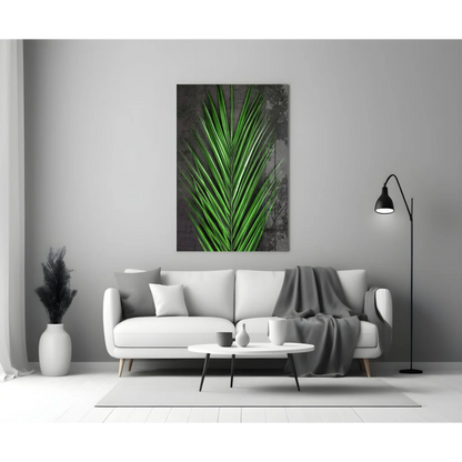 Tropical Palm Leaf Glass Wall Art on Dark Gray Canvas | Modern Wall Art Decor | vintageantiquesgifts.com