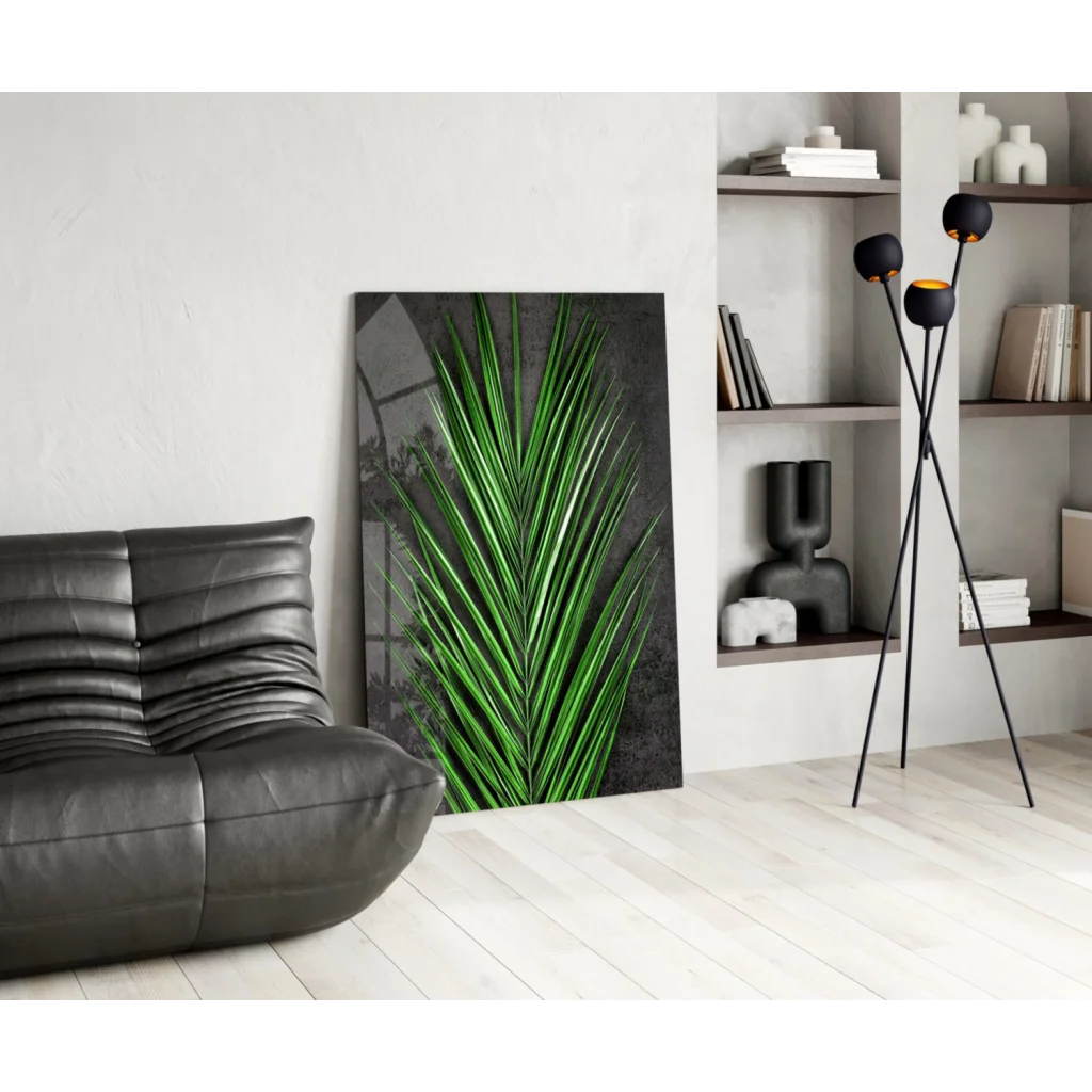 Vibrant tropical palm leaf glass wall art on dark gray canvas