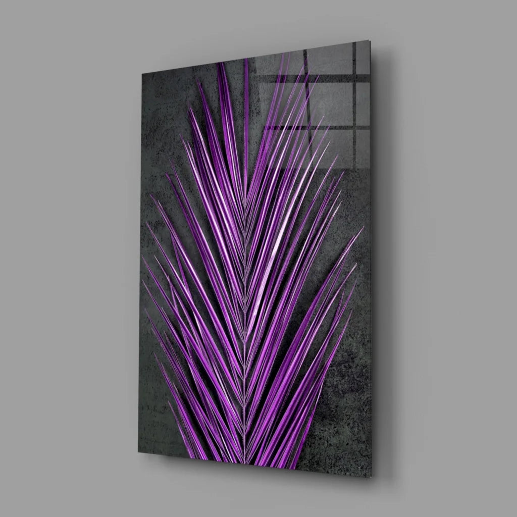 Vibrant purple palm leaf glass wall art on dark textured panel