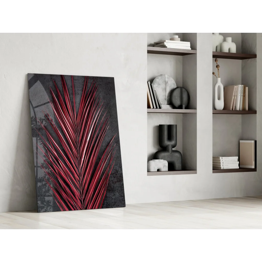 Stunning red palm glass wall art with metallic shine on dark textured background