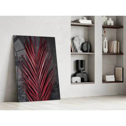 Stunning red palm glass wall art with metallic shine on dark textured background