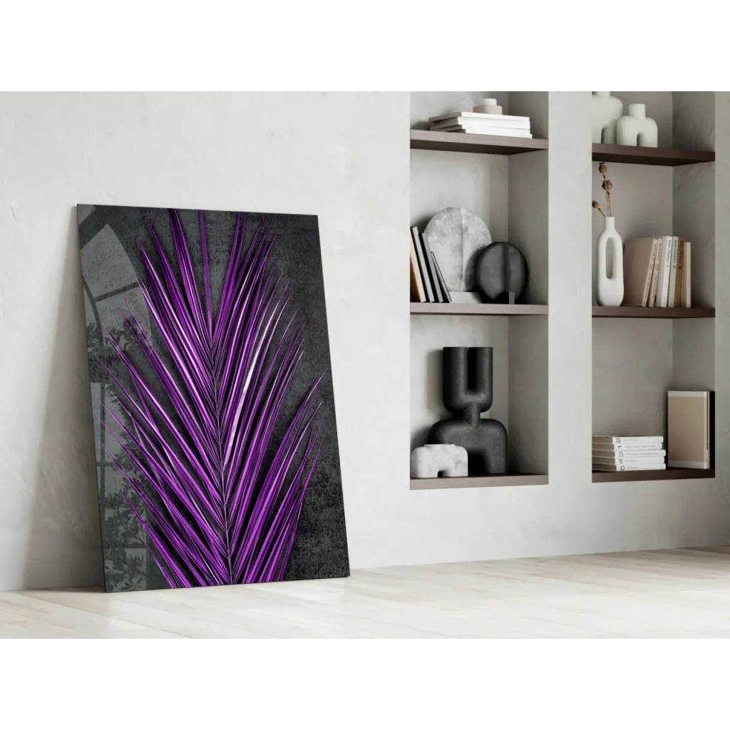 Stunning purple palm glass wall art panel with metallic sheen