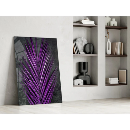 Stunning purple palm glass wall art panel with metallic sheen