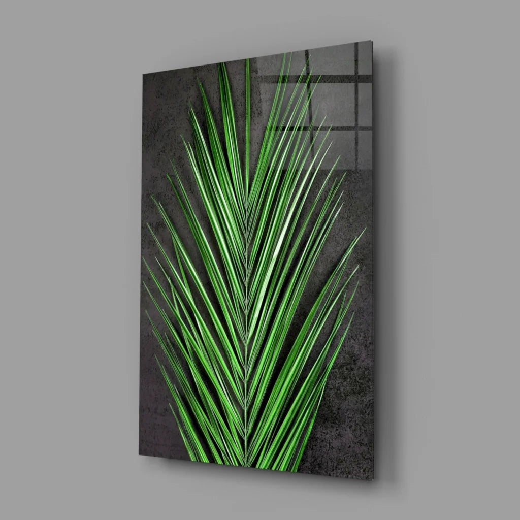 Tropical Palm Leaf Glass Wall Art on Dark Gray Canvas | Glass Wall Art Print | vintageantiquesgifts.com