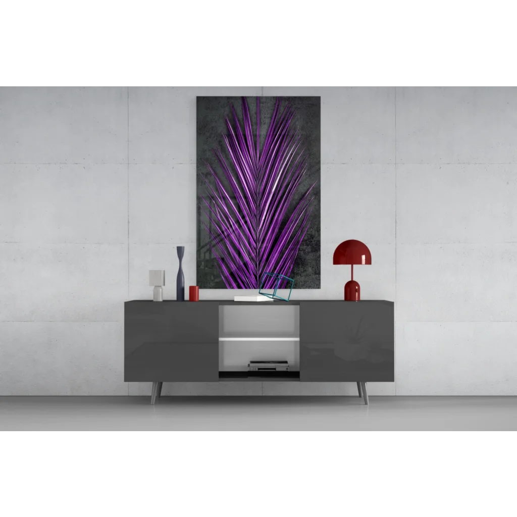Vibrant purple palm glass wall art panel on dark gray canvas above modern console