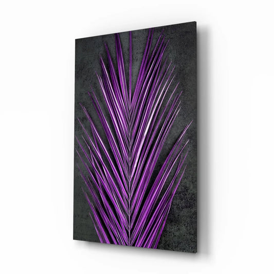 Stunning purple palm glass wall art panel on textured background