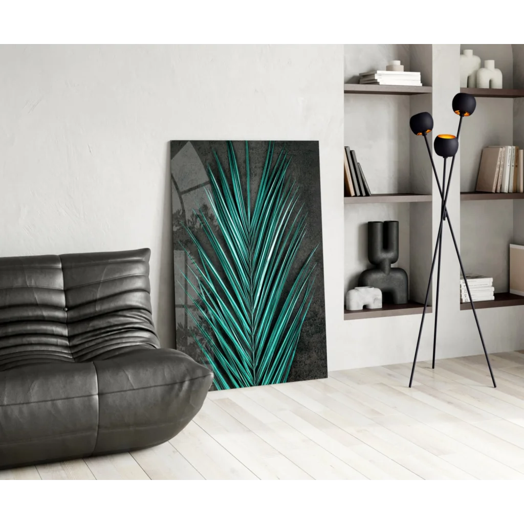 Vibrant teal palm leaf glass wall art on white wall