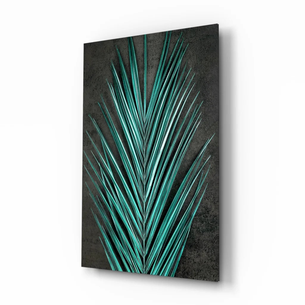 Stunning teal palm leaf glass wall art on modern framed canvas