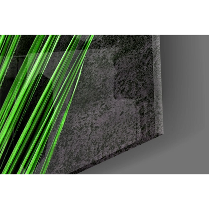 Vibrant green glass palm leaf wall art on dark gray canvas