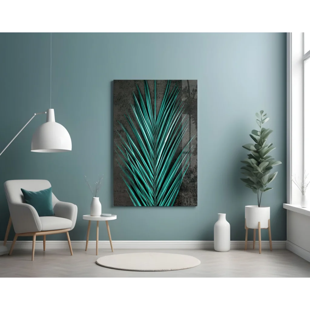 Vibrant teal palm leaf glass wall art with metallic sheen on dark textured background