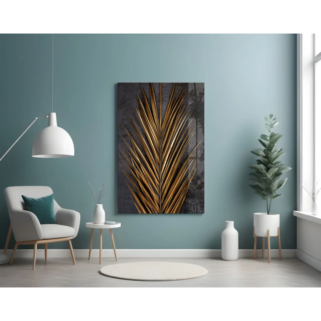 Stunning Gold Palm Leaf Glass Wall Art with Dark Texture | Contemporary Home Wall Art | vintageantiquesgifts.com