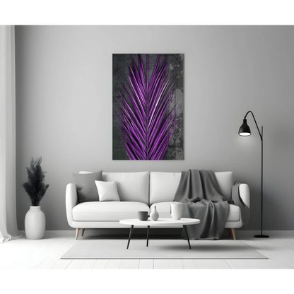 Vibrant purple palm glass wall art panel above white sofa