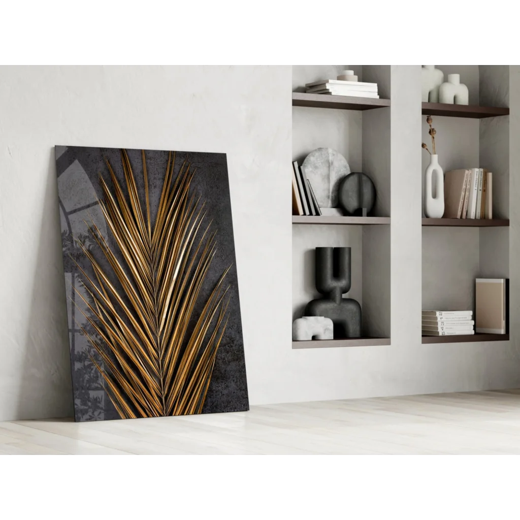 Stunning gold palm leaf glass wall art with dark texture