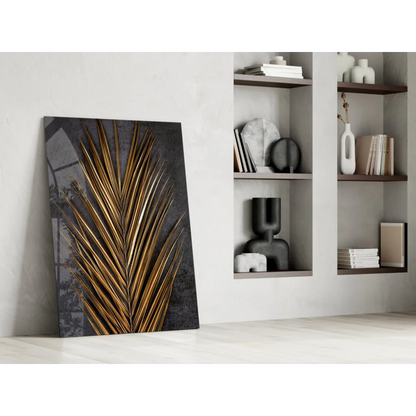 Stunning gold palm leaf glass wall art with dark texture