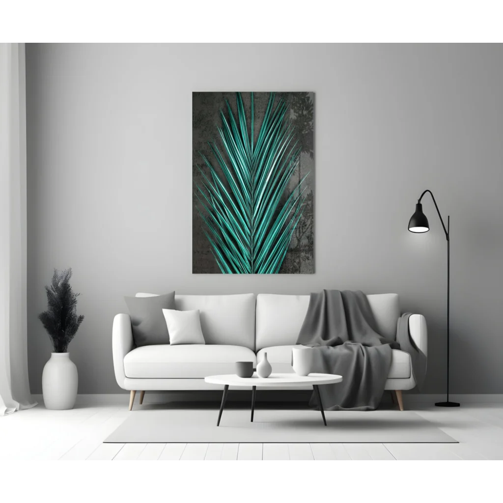 Vibrant teal palm leaf glass wall art on gray wall