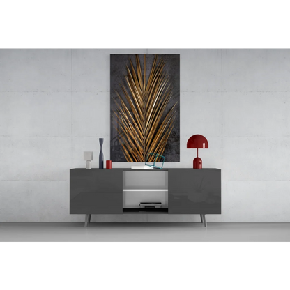 Stunning gold palm leaf glass wall art on modern gray sideboard