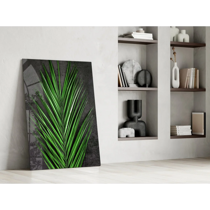 Vibrant green palm leaf glass wall art on dark gray canvas