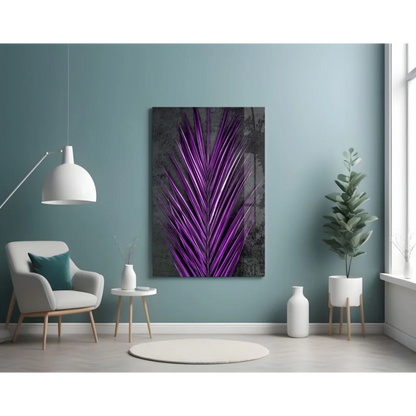 Vibrant purple palm glass wall art panel on dark gray background