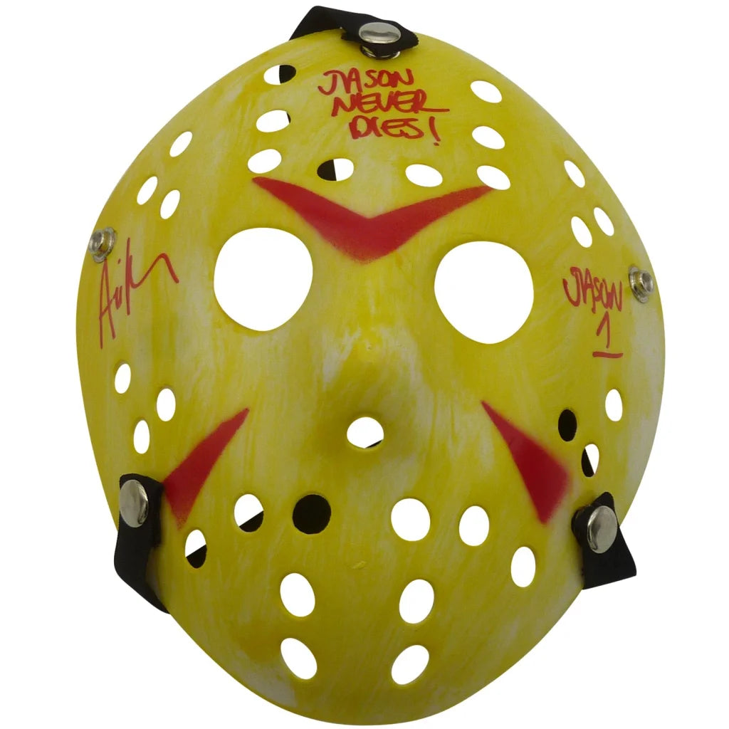 Ari Lehman autographed yellow Jason mask with red markings