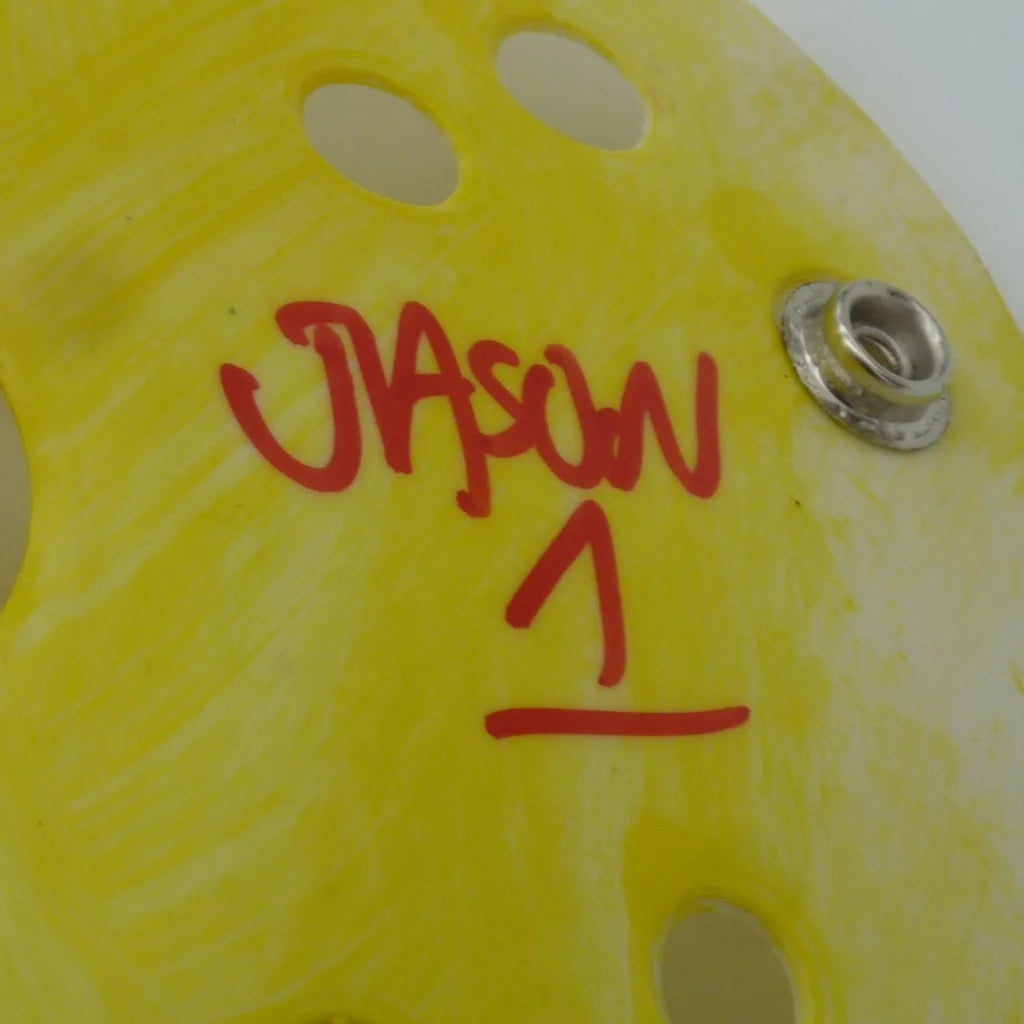 Ari Lehman autographed Jason mask with inscription and yellow disc