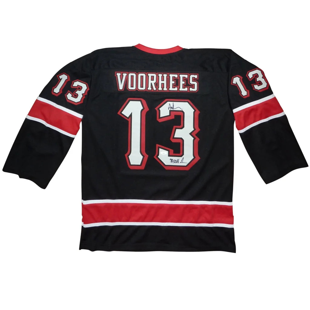 Back of Ari Lehman autographed Jason Voorhees #13 black hockey jersey JSA
