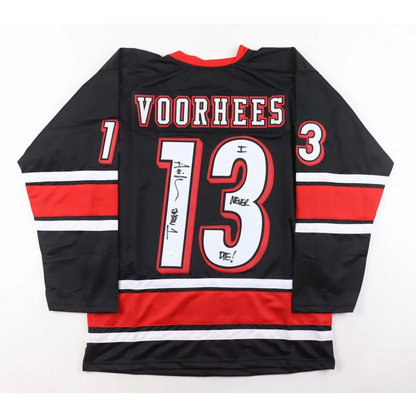 Ari Lehman signed Jason Voorhees horror jersey black red white with VOORHEES 13