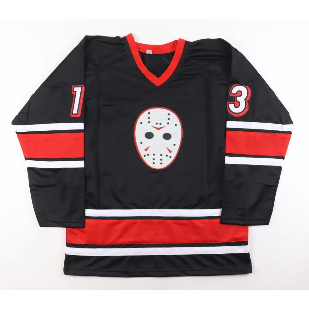 Ari Lehman signed Jason Voorhees horror jersey with black, red, white stripes, mask graphic