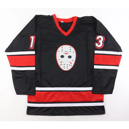 Ari Lehman signed Jason Voorhees horror jersey with black, red, white stripes, mask graphic