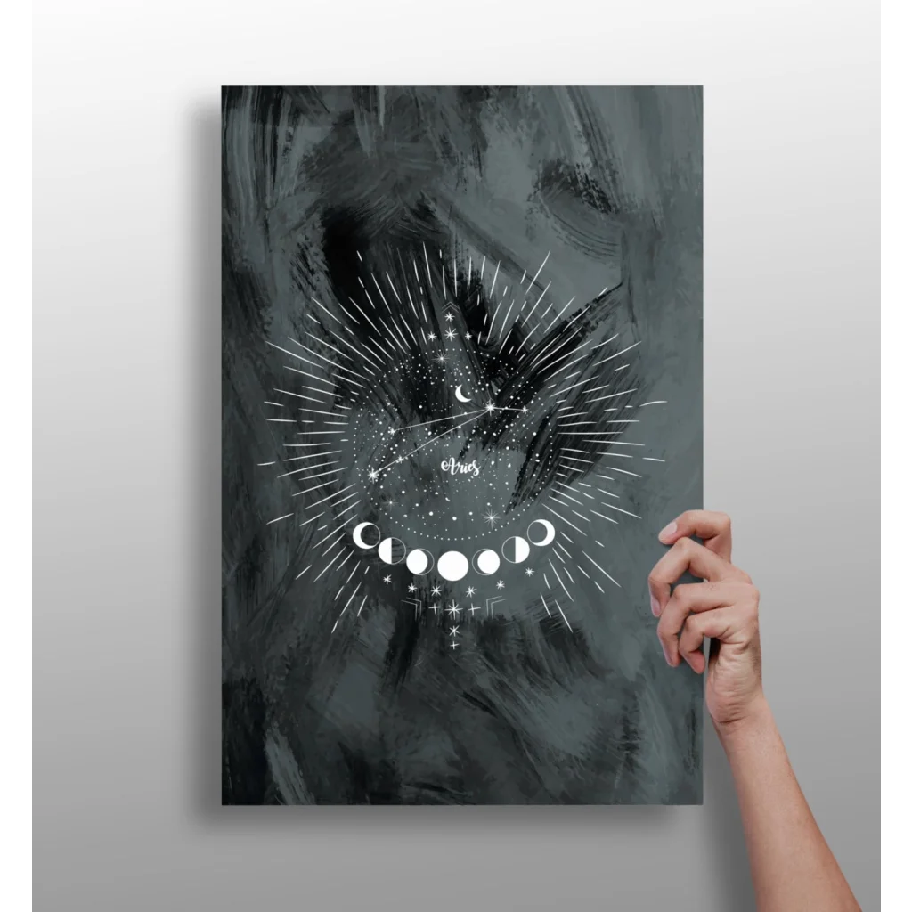 Sleek Aries constellation in Insigne Aluminum Prints with moon phases