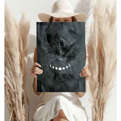 Dark gray celestial moon phase insigne aluminum print with stars